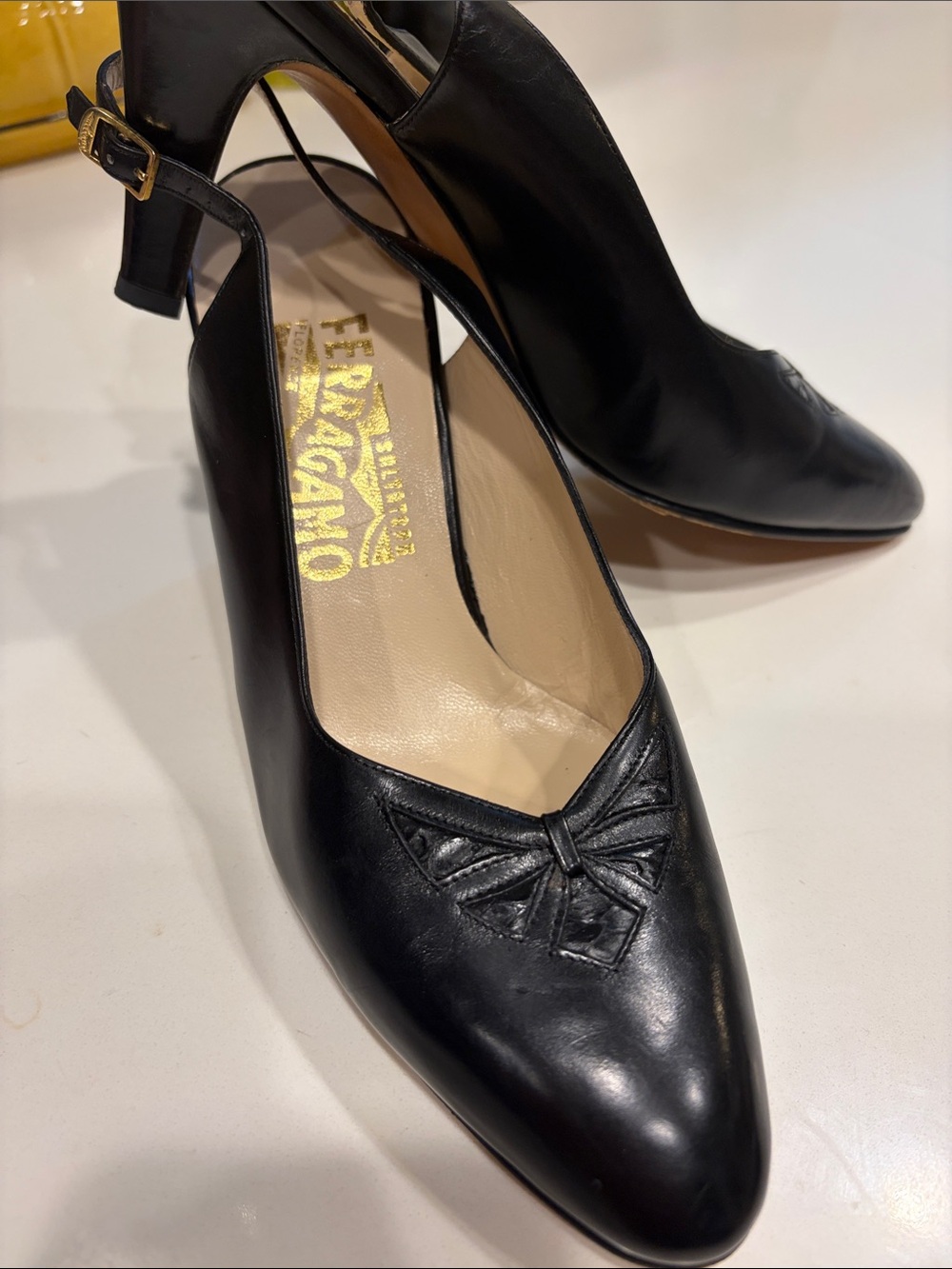 Salvatore Ferragamo Black Leather Pointed Slingback Heels with Bow
